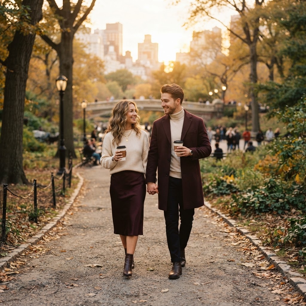 Casal caminhando com cafés na mão em um parque ao pôr do sol