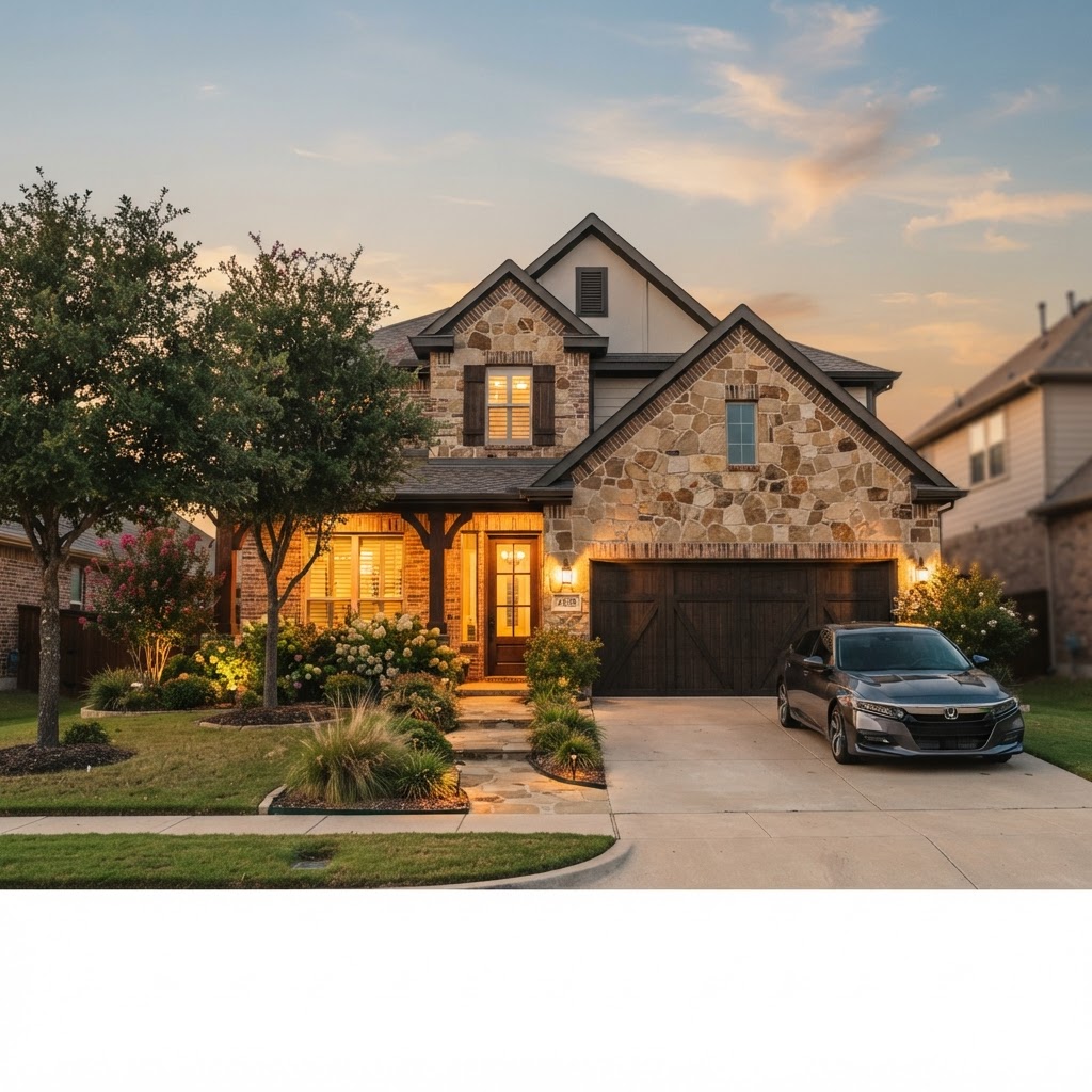 A warm North Texas suburban home with a vehicle in the driveway