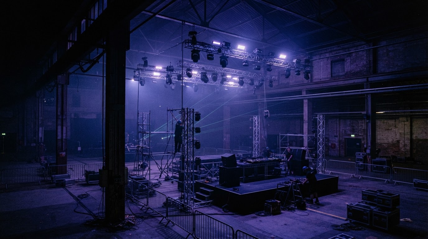 Hall industriel préparé pour un événement Belamour Music à Lyon