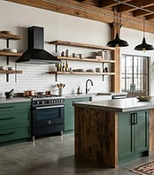 Kitchen cabinets with smooth forest green finish