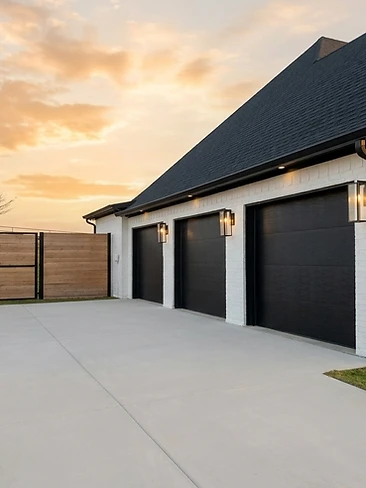 Double car garage exterior and door freshly painted white and black