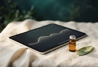 Editorial still life of a tablet showing a glucose trend beside an insulin vial