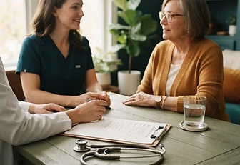 Stethoscope, checklist and water glass on a soft sage desk for a routine check-up