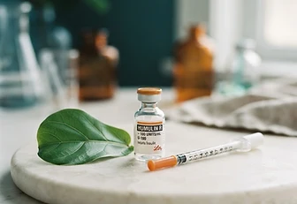 Insulin vial and syringe resting beside a green leaf in soft natural light