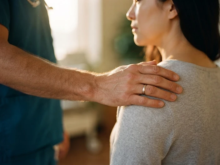 A doctor's hand gently resting on a patient's shoulder in warm light — a symbol of empathetic, trust-based endocrine care at Dialife.