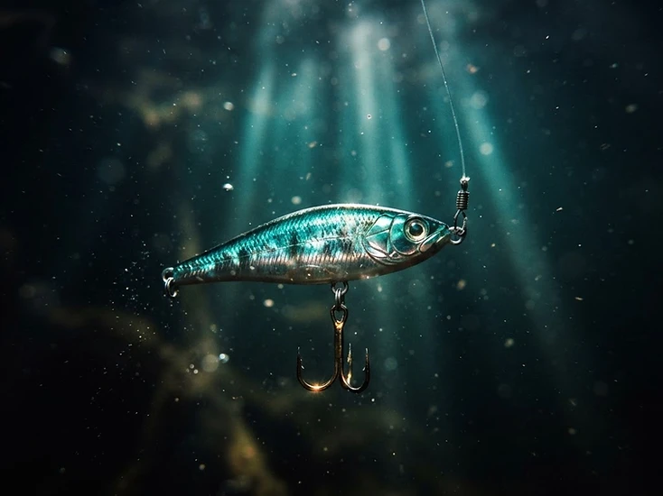 A barbed fishing lure suspended in dark water