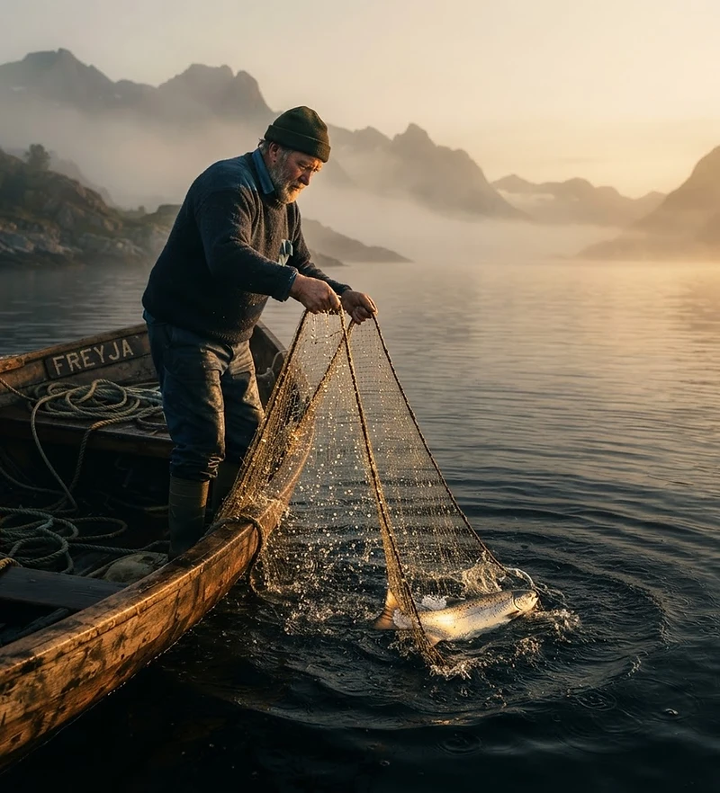 A fishing net hauled from dark water into golden morning light