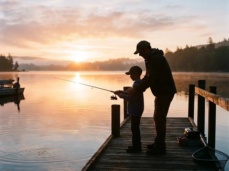 A mentor teaching a younger person to fish at sunrise
