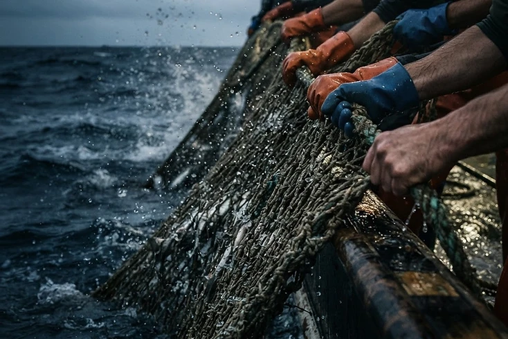 Multiple hands hauling a fishing net from deep blue water