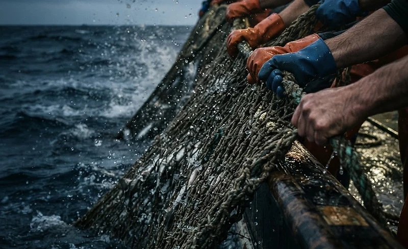 Multiple hands hauling a fishing net from deep blue water