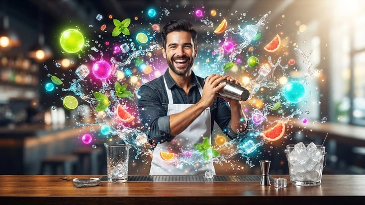 Daniele surrounded by colourful alcohol-free drinks and ingredients