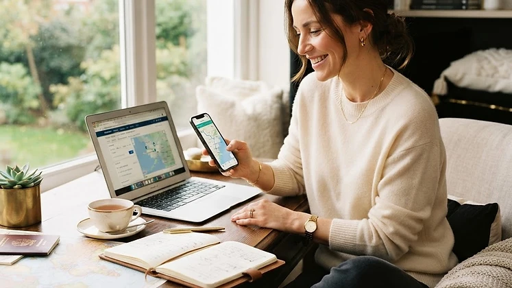 A beginner planning their first travel business from home with a laptop, phone and notebook