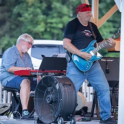 Keyboardist and guitarist performing together on stage