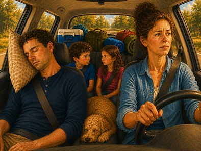 An impressionistic illustration of a family driving home through a forest at golden hour — Mom drives while Dad sleeps in the passenger seat, two children and a golden dog rest in the back