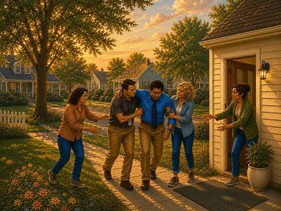 A warm-toned painting of neighbors helping Dad home after a Meniere's attack at school, with Mom waiting at the door