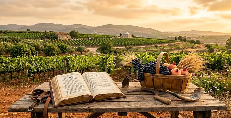A rustic table bearing an open Talmud, a basket of grapes, pomegranates and wheat, agricultural tools and a shofar, overlooking a Galilee vineyard at sunset