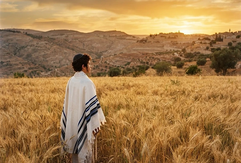A boy wrapped in a tallit gazing toward the hills of Judea