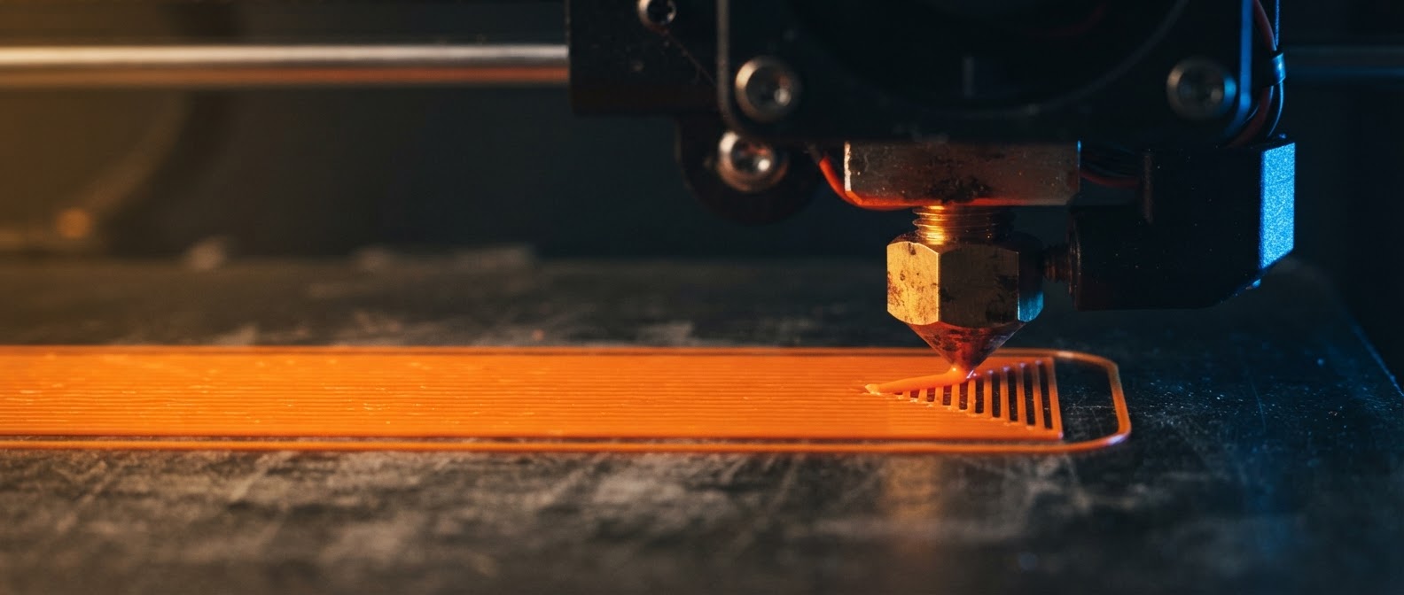 Macro view of a 3D printer nozzle extruding molten orange filament