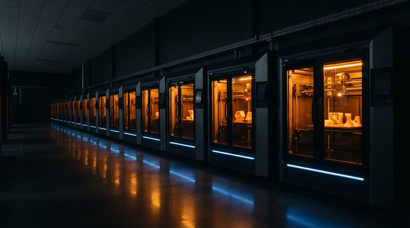 Row of enclosed industrial 3D printers in a dark print farm