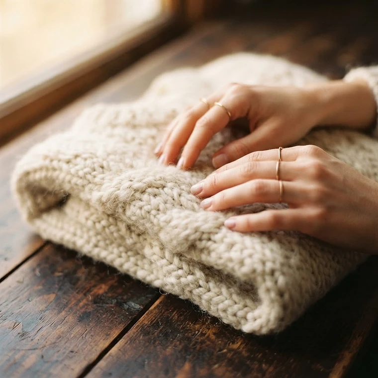 Hands gently touching a soft folded wool sweater