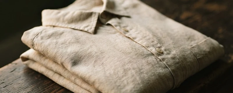 A neatly folded linen shirt resting on a dark wooden bench in soft golden light