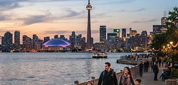 Family-friendly Toronto waterfront with the CN Tower and harbour in the background