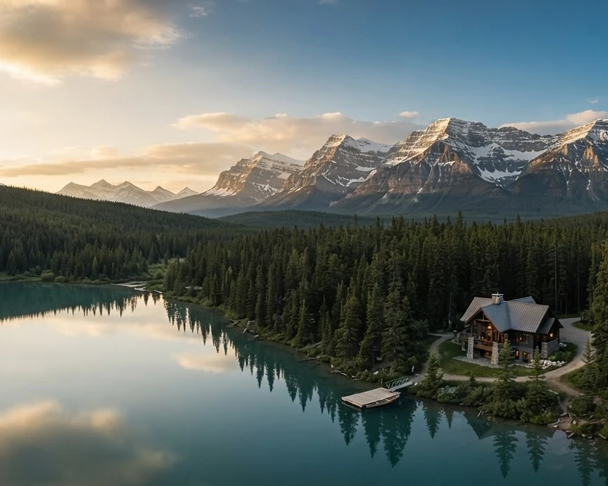 Aerial view of the Canadian wilderness at golden hour — a lone lodge beside a glacial lake surrounded by evergreen forest and Rocky Mountain peaks
