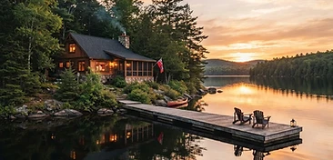 Lakefront cottage on a calm Ontario lake at sunset with a wooden dock and canoe