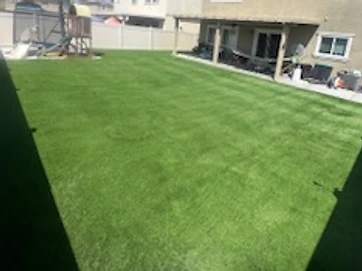 Full backyard artificial turf lawn adjoining a concrete patio
