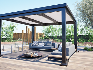 Freestanding motorized white pergola rendering over outdoor space