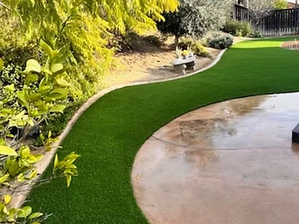 Backyard with artificial grass and custom concrete work