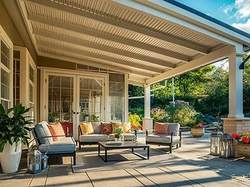 White attached louvered pergola over backyard seating area