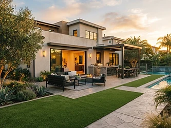 Modern patio cover with artificial turf and custom concrete backyard