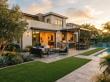 Modern patio cover with artificial turf and custom concrete backyard