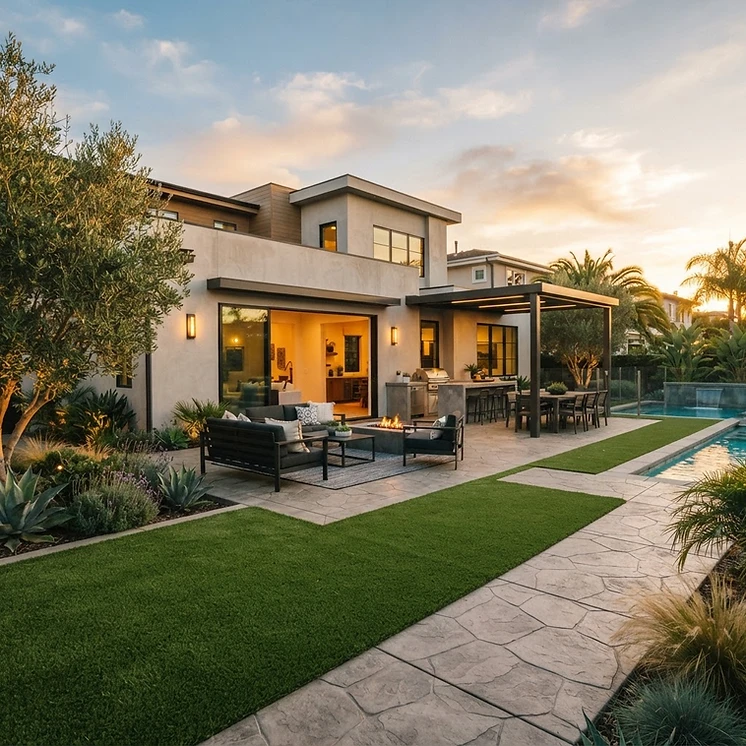 Modern patio cover with artificial turf and custom concrete in Corona, CA