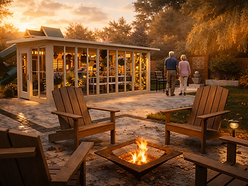 Contemporary glass enclosure at sunset with fire pit and Adirondack chairs