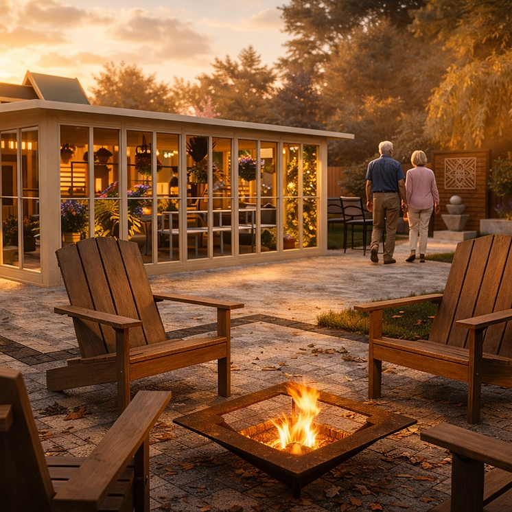 Contemporary glass enclosure with fire pit lounge at sunset in Riverside, CA