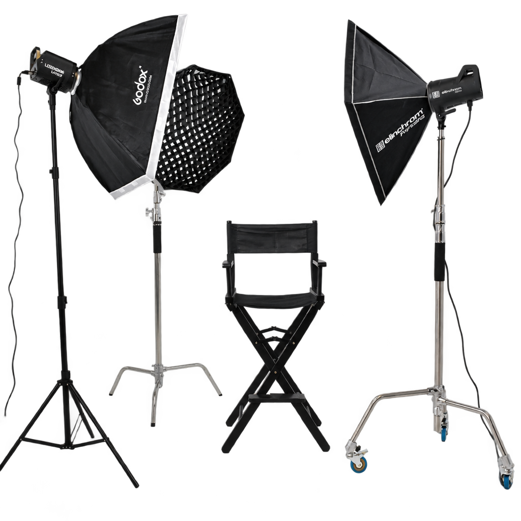 Studio MAD — équipement d'éclairage : softboxes Godox et Elinchrom, siège réalisateur