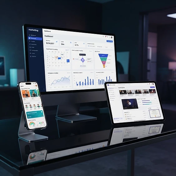 GenFinity Lab device showroom — marketing platform, online courses, and fitness app