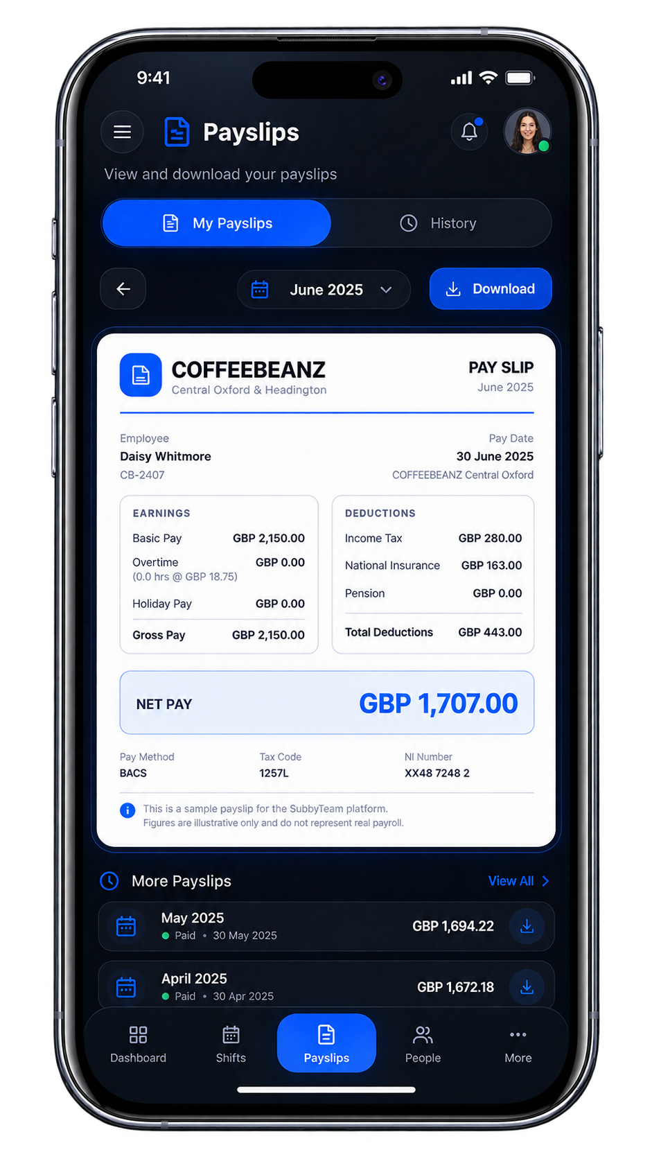 Subbyteam payslip viewed on the employee mobile app