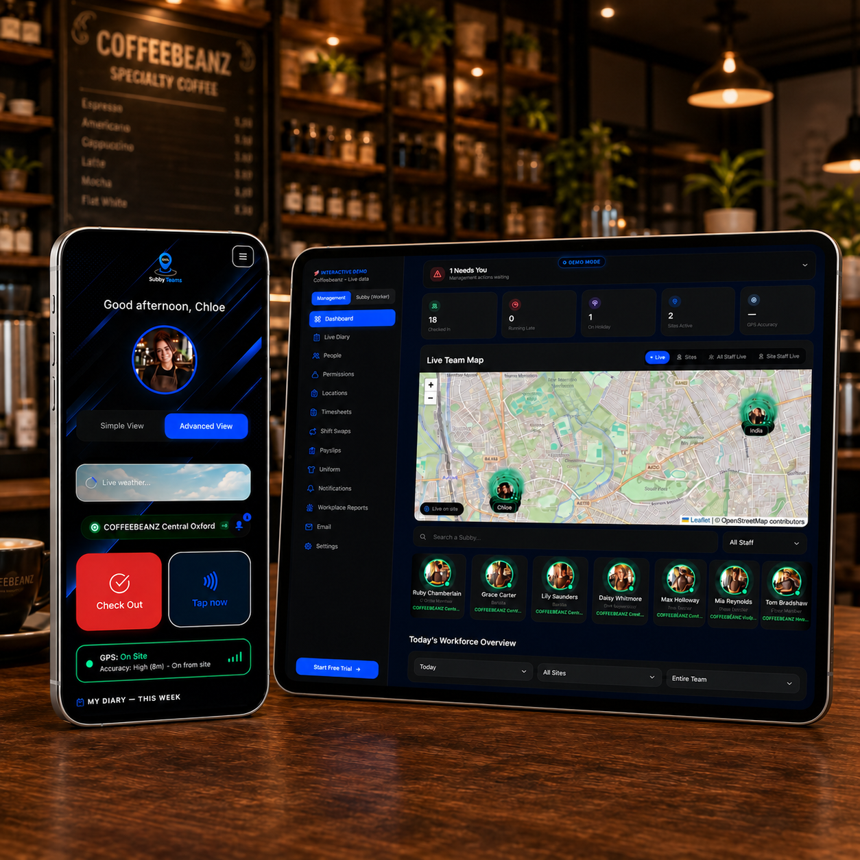 Subbyteam worker app on a phone and management dashboard on a tablet at a coffee shop