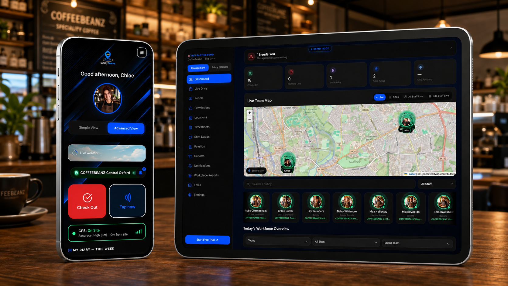 Subbyteam dashboard on a tablet and worker app on a phone at a coffee shop