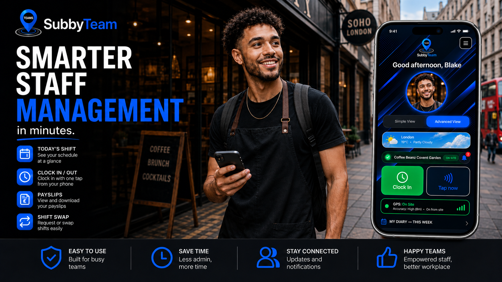 Subbyteam smarter staff management — clock in, payslips, shift swap and live diary