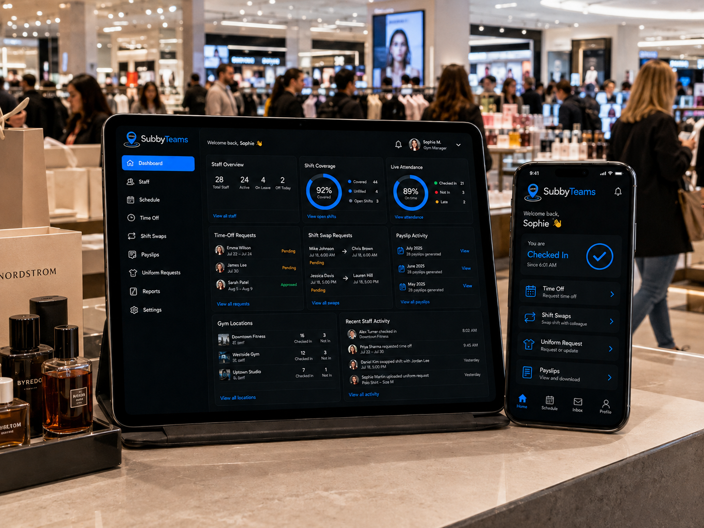 Subbyteam manager dashboard on tablet and employee app on phone