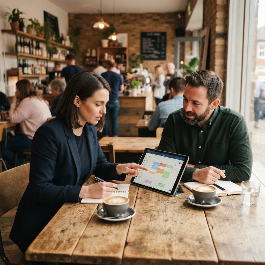 Business adviser reviewing Subbyteam with a café owner