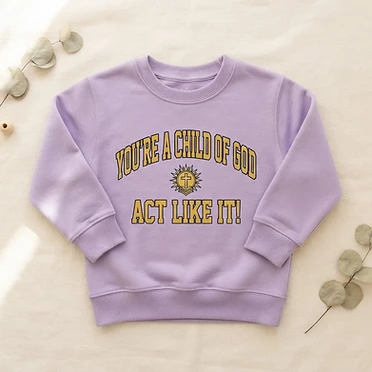 Twirl-ready! The 'You're a Child of God... ACT LIKE IT!' message on a flowy lavender dress made for spinning, dancing, and Sunday best. Comfortable, modest, and full of joy. Available in 12 languages. Youth sizes XS-XL.