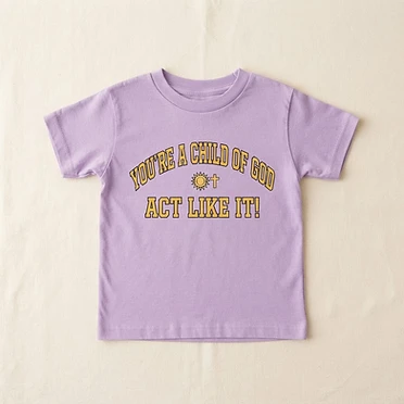A soft lavender kids tee with a bold gold and navy message: YOU'RE A CHILD OF GOD... ACT LIKE IT! A fun, faith-filled reminder for girls and boys that they belong to Him all week long. Kid-approved comfort, cheerful retro lettering, and a small sun-and-cross accent make this Christian shirt a favorite for school, church, or play. Now available in 12 languages (English, Spanish, German, French, Russian, Filipino, Korean, Chinese, Hindi, Finnish, Romanian) and 25 kid-favorite colors including purple, pink, daisy yellow, light blue, and sapphire — pick your color and language at checkout. Perfect gift for birthdays, baptisms, and back-to-school. Youth sizes XS-XL.