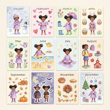 Twelve monthly sticker sheets featuring Amari in seasonal scenes. Print, cut, and use to reward faithful learning all year long.