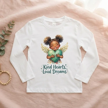 Amari hugging her heart-with-wings on a soft long sleeve tee. Watercolor artwork from the beloved 'Amari & the Winged Heart' kids tee, now for cool days. Youth sizes XS-XL.
