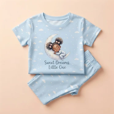 Drift off with Amari! A cozy two-piece kids' pajama set with watercolor artwork of Amari asleep on a crescent moon and the words 'Sweet Dreams, Little One'. The green heart-with-wings logo sits below the back neckline. Coming soon — youth sizes XS-XL.